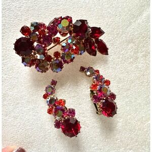 1950's Austrian Crystal Pin & Earrings Set Red Aurora Borealis